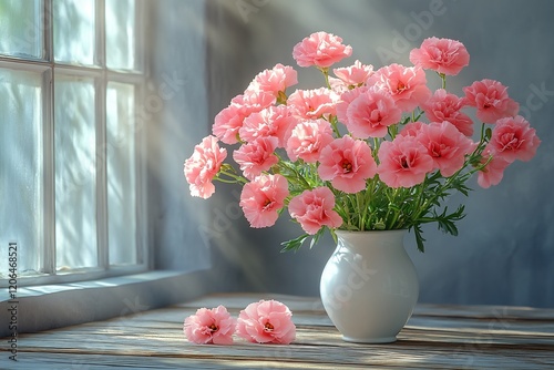 Wallpaper Mural Bouquet of pink carnations a white vase soft shadows and morning light rustic wooden table romantic decor Torontodigital.ca