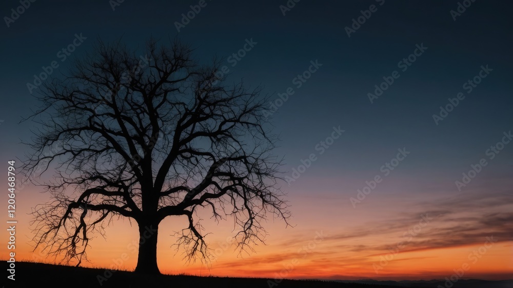 Silhouette of a lone tree against a dark background and a bright orange and pink sunset Silhouette of a lone tree against a dark background and a bright orange and pink sunset