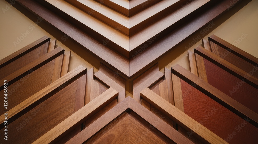 An artistic arrangement of wooden panels in various shades, creating a modern and geometric design. An artistic arrangement of wooden panels in various shades, creating a modern and geometric design.