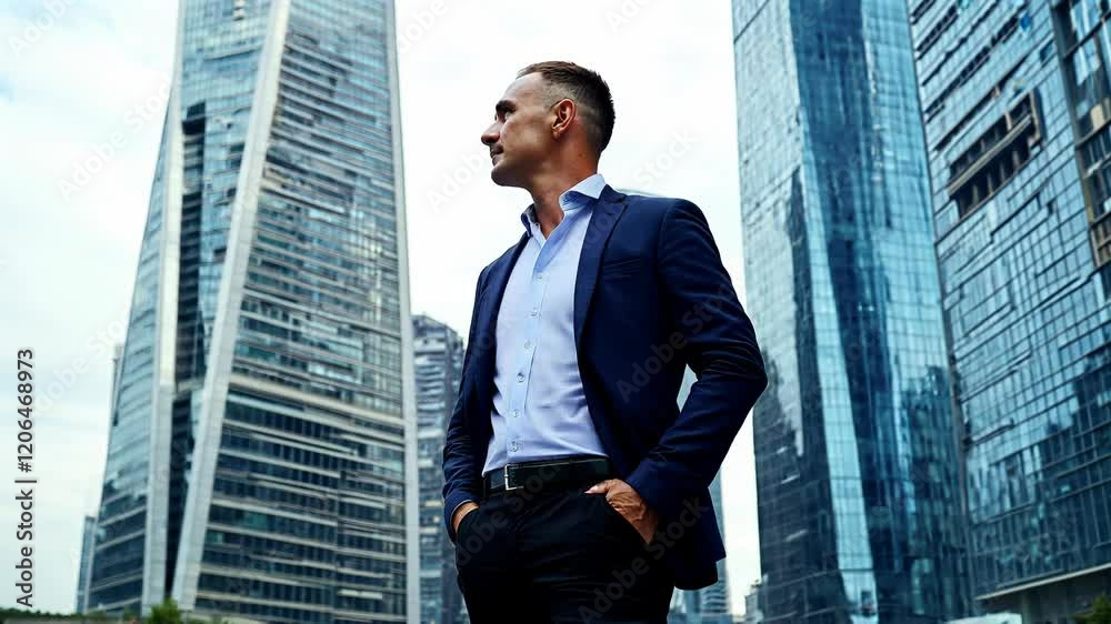 Happy wealthy rich successful business man standing in big city modern skyscrapers street on sunset thinking of successful future vision, dreaming of new investment opportunities Happy wealthy rich successful business man standing in big city modern skyscrapers street on sunset thinking of successful future vision, dreaming of new investment opportunities