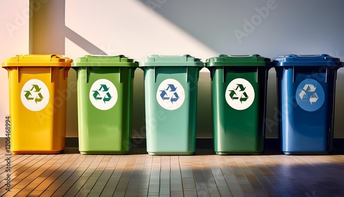 Color-coded recycling bins in sunlight for waste segregation