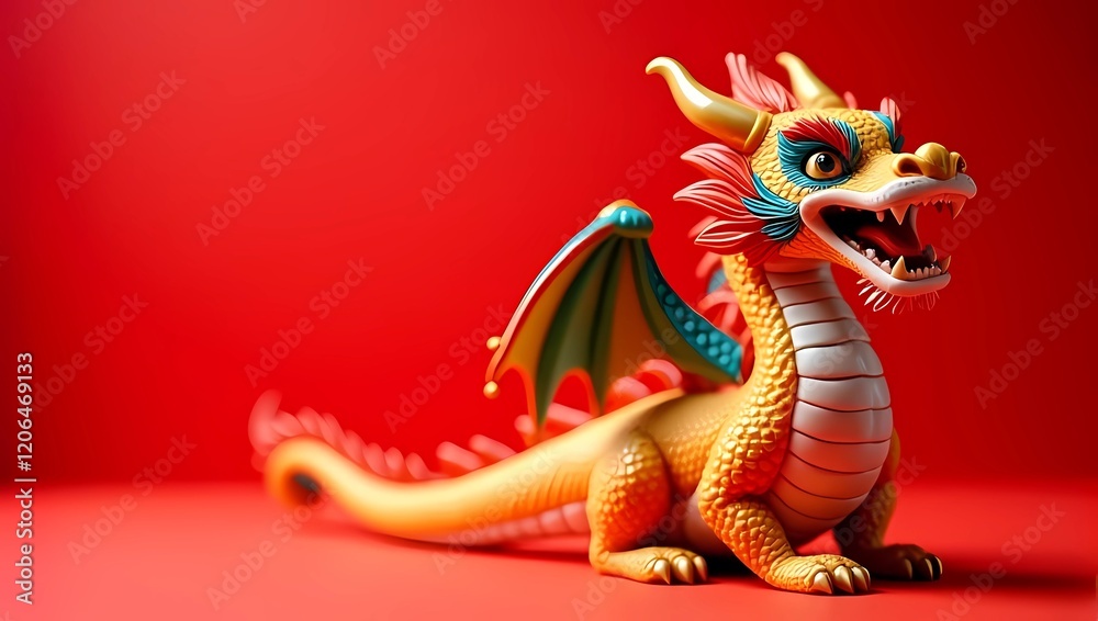 A vibrant dragon figurine with empty place on left side, isolated on red background, Chinese New Year concept 