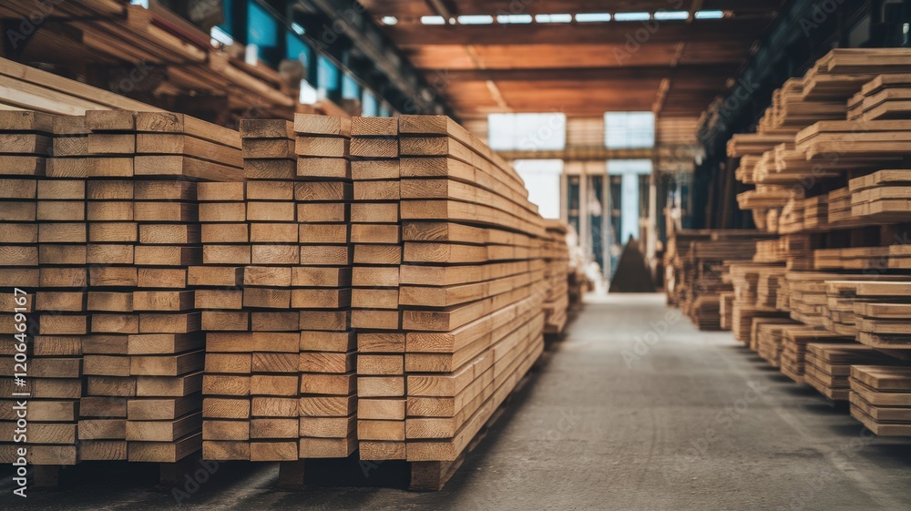 Stacks of freshly cut lumber in a well-lit industrial warehouse, showcasing the richness of the wood grain and organized storage. Stacks of freshly cut lumber in a well-lit industrial warehouse, showcasing the richness of the wood grain and organized storage.