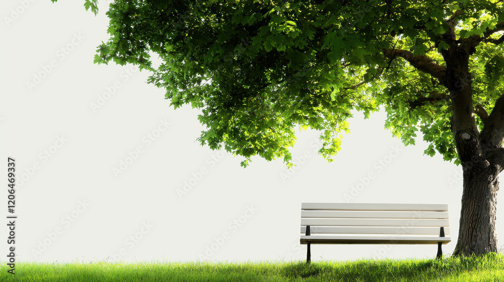 serene park bench under large tree with lush green leaves