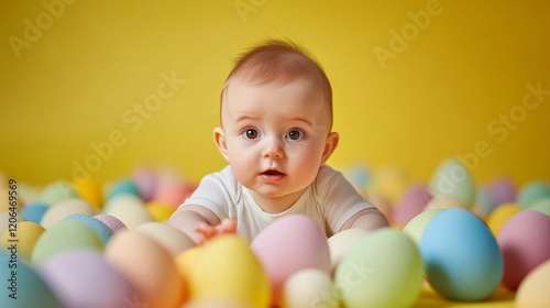 Baby lying on colorful easter eggs on yellow background