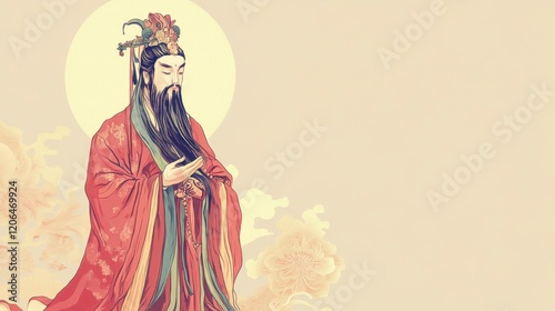 Serene Chinese God Guan Yu, Peaceful Pose, Beige Background, Copy Space