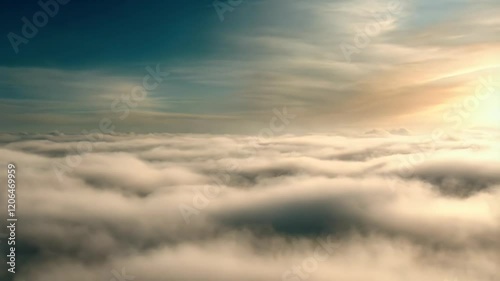 Majestic angel playing trumpet above clouds at sunset