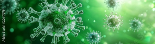 Closeup of a green virus particle on monochromatic background green