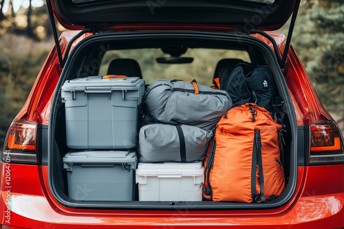 Car Trunk Packed with Gray Plastic Containers, Black Backpacks, and Camping Gear: A Ready-to-Go Setup for Outdoor Adventures, Road Trips, and Exploration photo