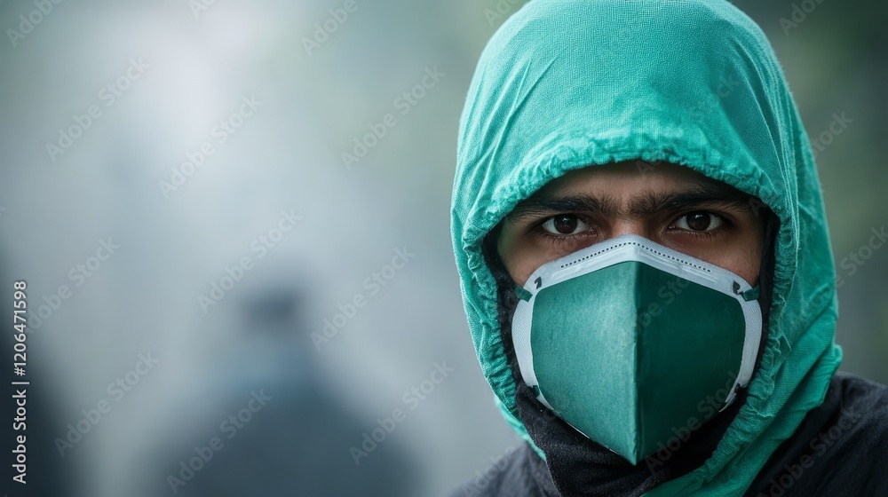 Intriguing portrait of a man concealed by green hood and mask mysterious Intriguing portrait of a man concealed by green hood and mask mysterious