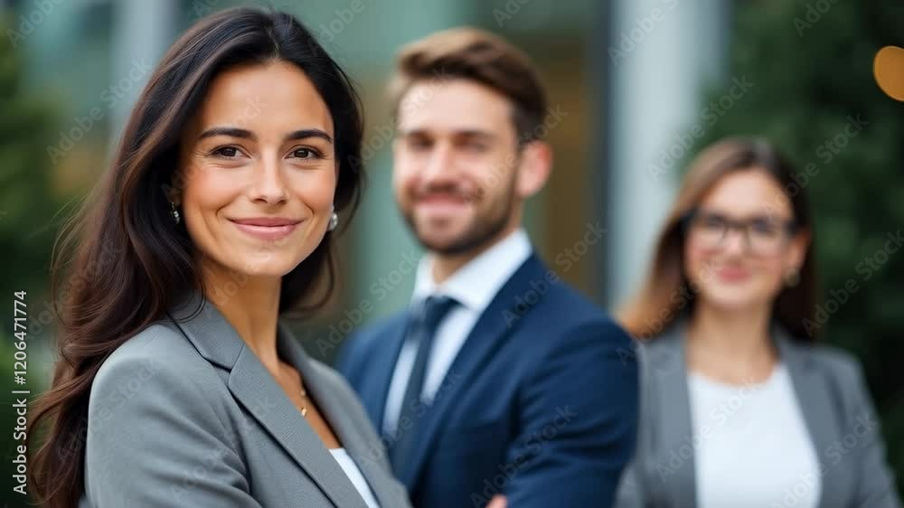 Confident Businesswoman Smiling with Colleagues in Blurred Background at Outdoor Corporate Environment - Professional Team Collaboration Concept Confident Businesswoman Smiling with Colleagues in Blurred Background at Outdoor Corporate Environment - Professional Team Collaboration Concept