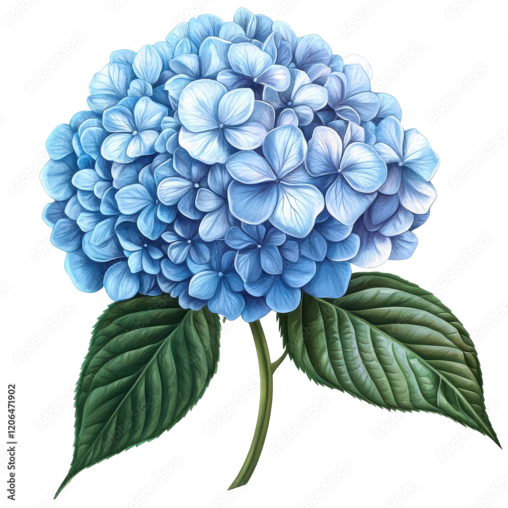 Vibrant Blue Hydrangea Blossom Detailed Botanical Illustration Lush Green Leaves Floral Art
