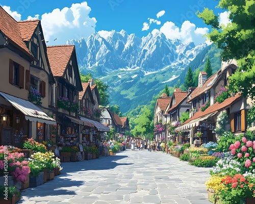 Mountain village street market, summer