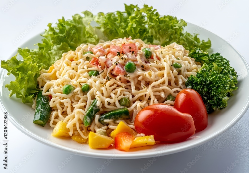Creamy noodle salad with assorted vegetables on a white plate. Creamy noodle salad with assorted vegetables on a white plate.