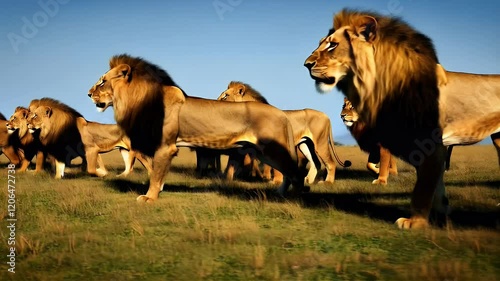 Majestic lions roam freely in the savannah during golden hour