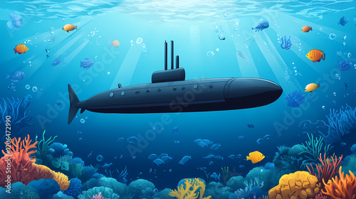 Underwater of a marine submarine delving into the depths of the ocean revealing the mysteries of the sea. thalassic. illustration. Ocean Depths. Illustration photo