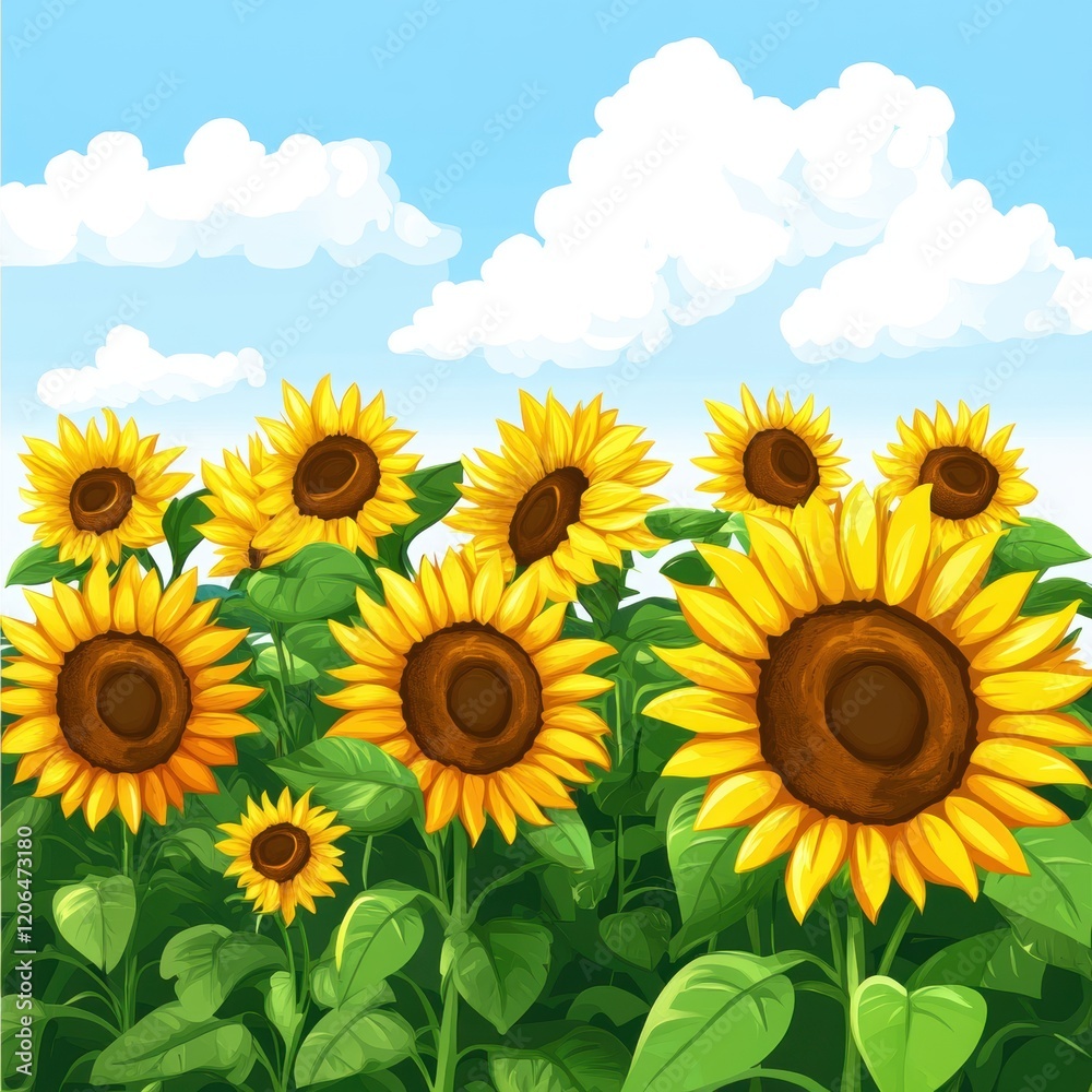 Obraz premium Vibrant Sunflowers Blooming in a Sunny Field Under a Blue Sky with Fluffy Clouds
