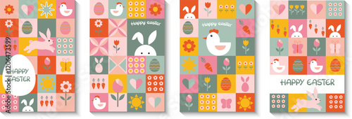 Easter cards. Rabbit and spring flowers. Basket with Easter eggs. Set of Easter cards from colored squares. Easter rabbit, chicken, eggs and flowers, decorative elements. Vector illustration