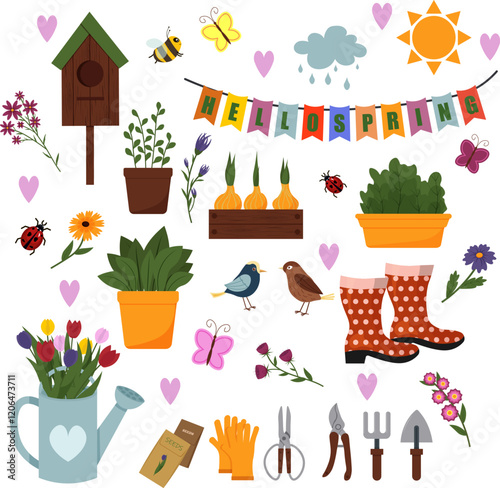Garden set of tools - shovel and scissors, gloves and rubber boots. Birdhouse and birds, different flowers. Bouquet of flowers in a watering can. Plants in pots and garden boxes. Colorful welcome