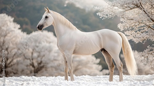Majestic white horse standing in a snowy landscape surrounded by frosted trees during winter