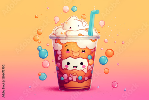 Adorable Cartoon-Style Boba Milk Tea with Whipped Cream and Smiling Faces, Surrounded by Colorful Floating Bubbles on a Gradient Pastel Background