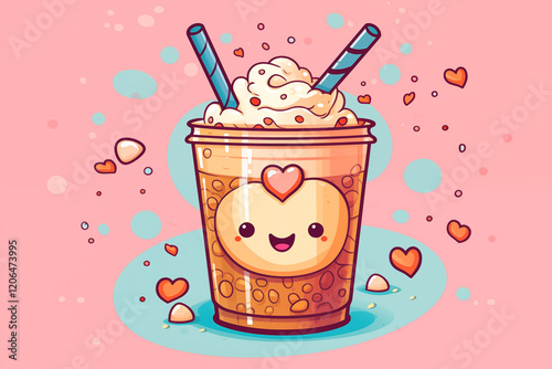 Adorable Cartoon-Style Boba Milk Tea Cup with Smiling Face, Whipped Cream Topping, Heart Decorations, and Pastel Pink Background