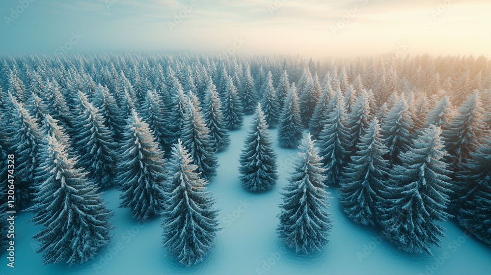 Snowy Pine Forest at Sunrise Aerial View Snowy Pine Forest at Sunrise Aerial View