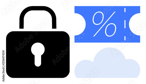 Padlock, blue discount ticket with percentage sign, and light blue cloud. Ideal for online security, e-commerce, cloud services, data protection, digital transactions, cybersecurity sales