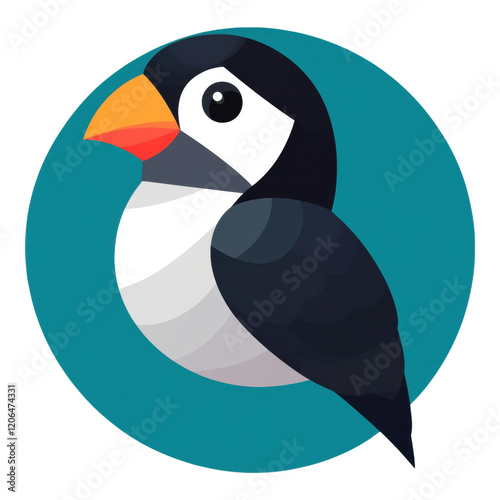 Adorable Puffin Bird Illustration Cartoon Style Teal Circle Background