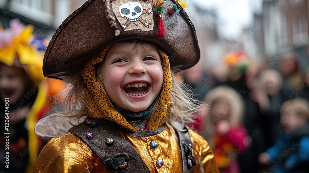Fototapeta premium Child in pirate costume joyfully participates in festive parade with colorful crowd in a lively street