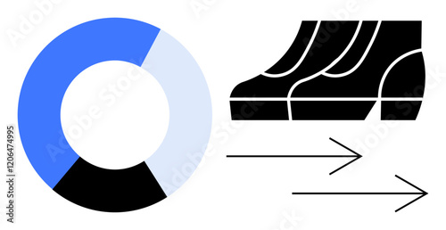 Pie chart showing data distribution adjacent to footsteps and arrows indicating progress. Ideal for business analytics, progress, goals, strategy, growth, journey, milestones abstraction. Simple line