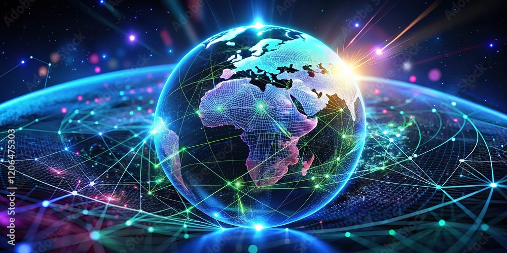 Obraz premium Futuristic Holographic Globe: Global Digital Trading Network Security Visualization