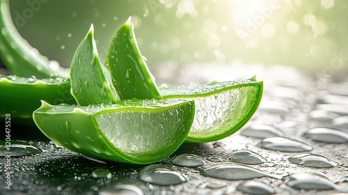 Freshly cut aloe vera leaves with water droplets glistening on a dark surface under soft light