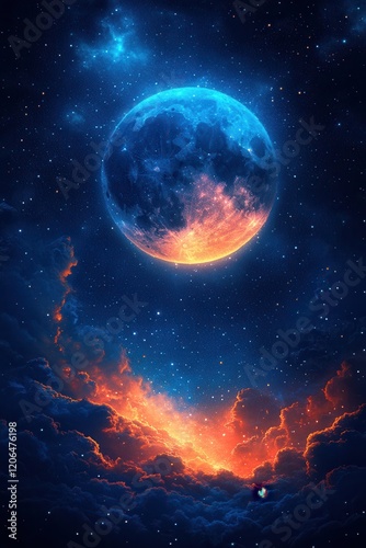 Luminous Celestial Planet with Fiery Clouds and Starry Night Sky
