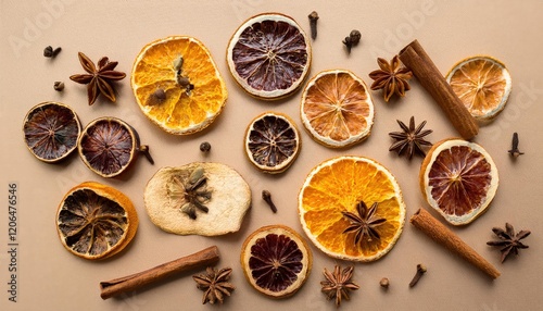 Wallpaper Mural Flat lay arrangement of various spices and dried citrus slices on a beige background, creating a warm, aromatic composition perfect for culinary, seasonal, and natural lifestyle themes.
 Torontodigital.ca