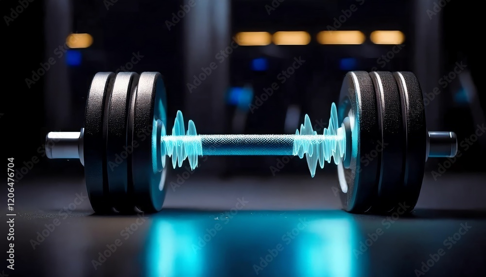 Fototapeta premium A sleek dumbbell with glowing elements rests on a dark surface, evoking a modern, high-tech fitness environment.