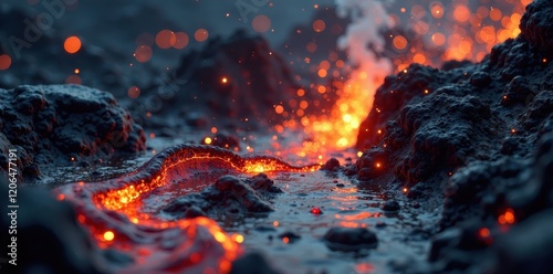 Volcanic lava flowing with metallic glitter and copper particles, volcano, opaque
