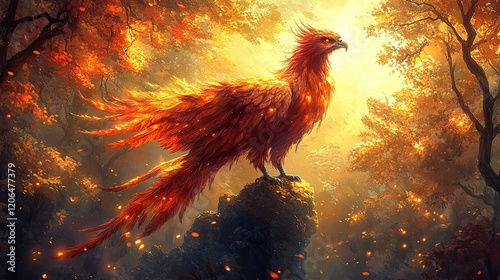 Majestic firebird stands atop rock in vibrant autumn forest with glowing foliage photo