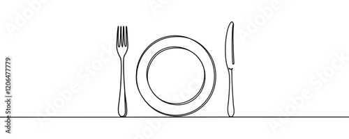 Continuous one line drawing of fork knife and plate out line vector art illustration