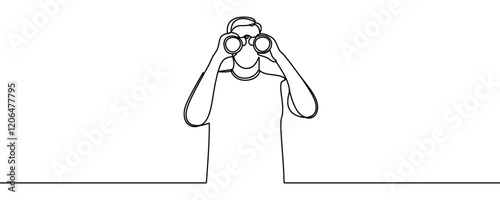 Continuous line drawing of The man looks through binoculars. Search symbol. Template for your design works. Vector illustration.