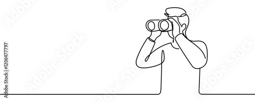 Continuous line drawing of The man looks through binoculars. Search symbol. Template for your design works. Vector illustration.
