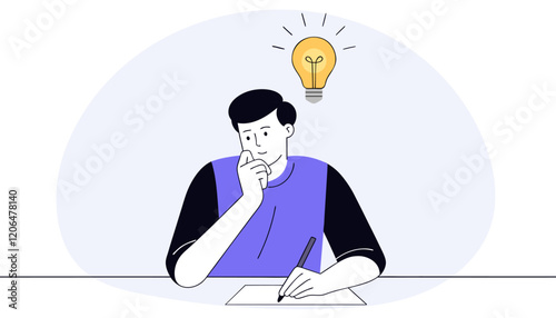 Moment of a bright idea - a man with a light bulb above his head. Doodle line style