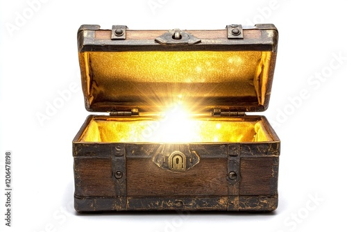 A wooden treasure chest with its lid open, its interior glowing brightly as if lit from within. The background is white.