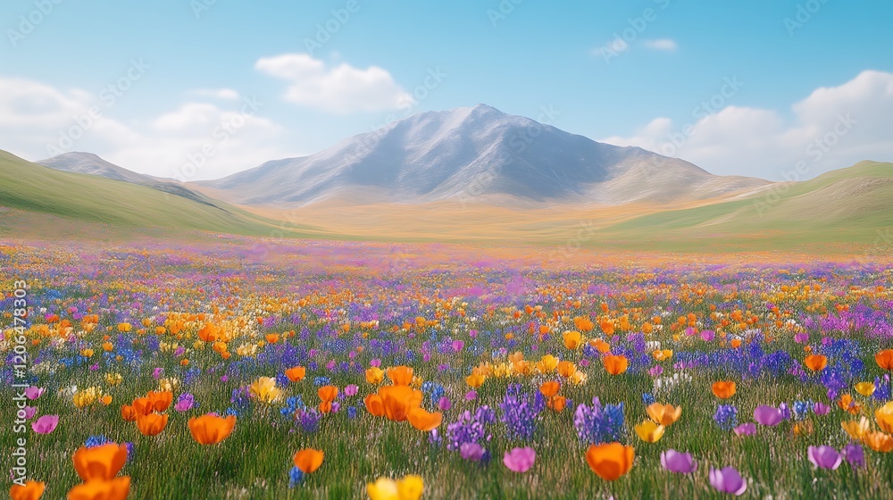 Fototapeta premium Spring wildflowers bloom, mountain valley