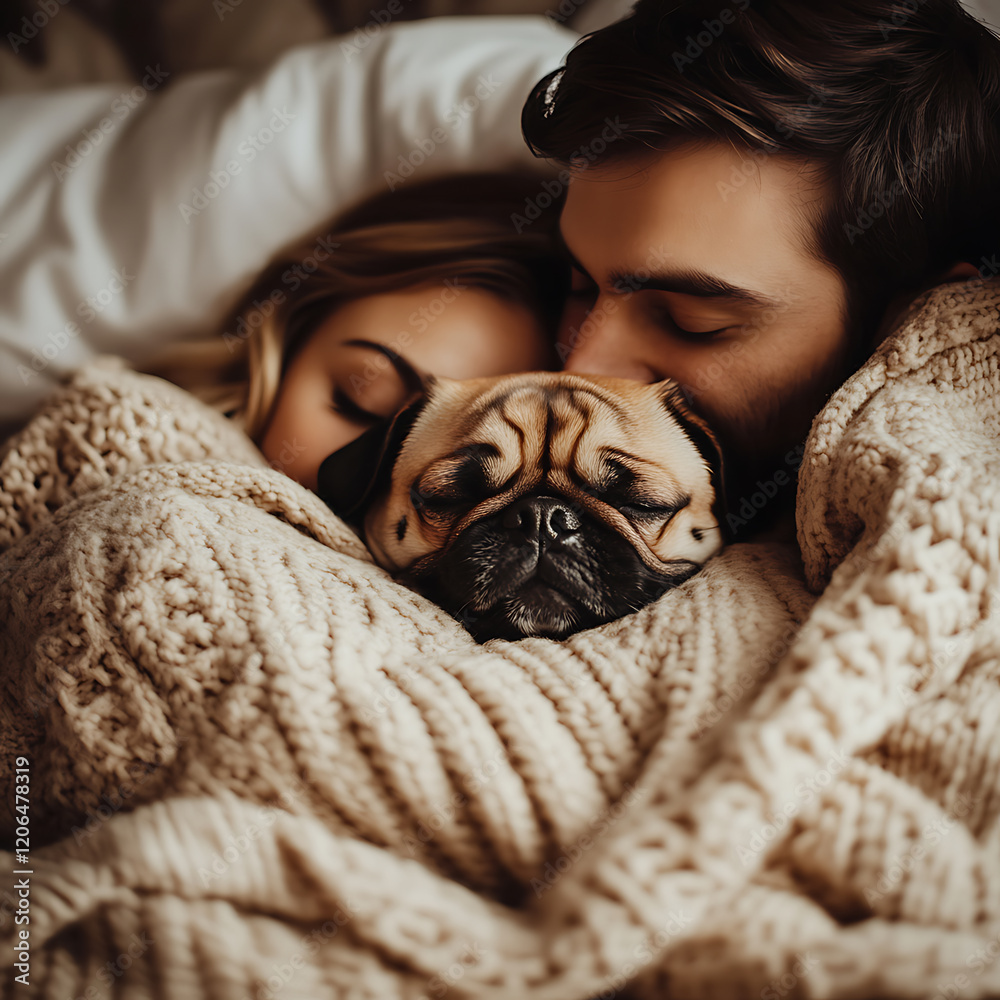 Couple relaxing in bed with a pug snuggled between them surrounded by warm tones and cozy blankets, 16:9 Couple relaxing in bed with a pug snuggled between them surrounded by warm tones and cozy blankets, 16:9