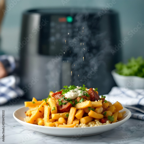 Delicious and Hearty Air-Fried Pasta Dish with Fresh Vegetables and Spices Ready to Enjoy