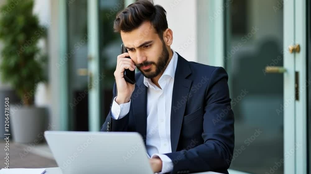 Professional Businessman in Suit Making Phone Call While Working on Laptop in Modern Office Setting Professional Businessman in Suit Making Phone Call While Working on Laptop in Modern Office Setting