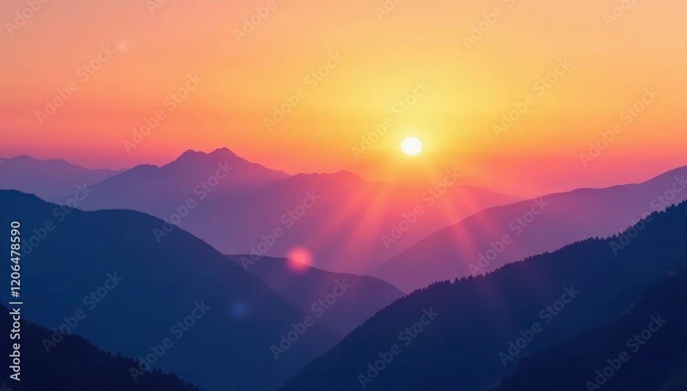 Obraz premium Gradient sky at sunset fades into misty mountains, landscape, abstract, yellow