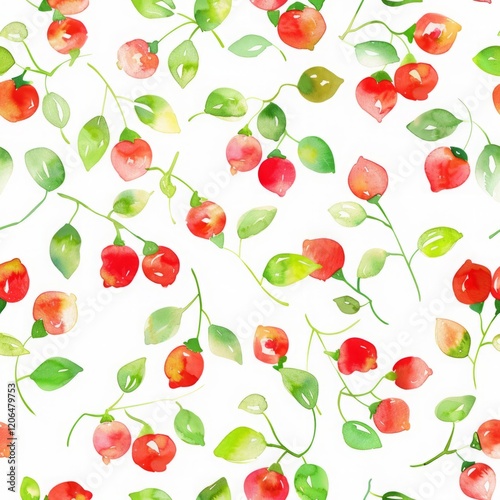 Seamless pattern with watercolor rosehip drawing illustration on white background