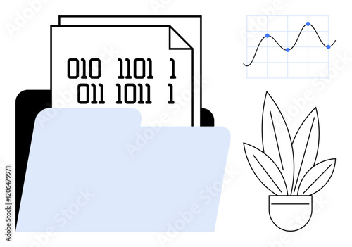 Digital folder containing binary code papers, accompanied by an analytical line graph and a potted plant. Ideal for data storage, coding, analytics, programming, technology, information systems